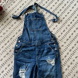 Distressed dark wash overalls